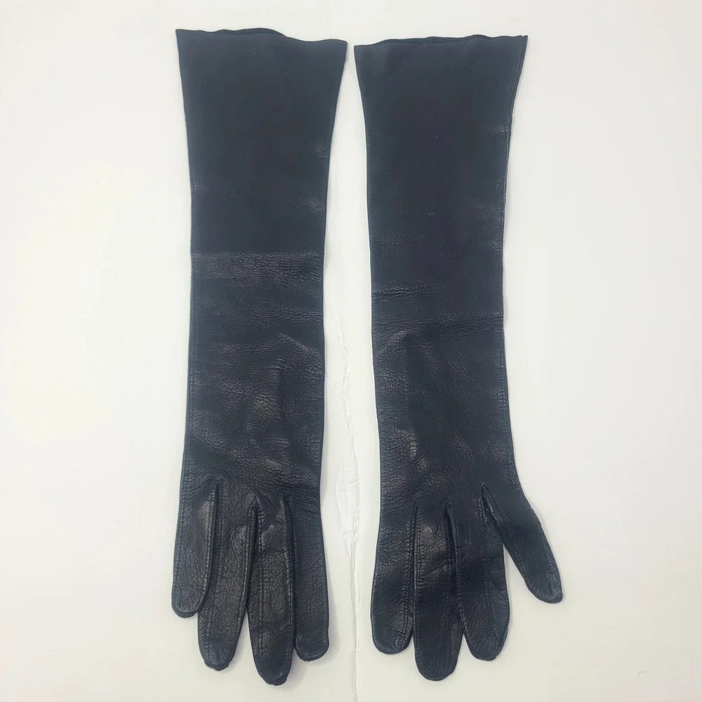 Vintage Women's Italian Kid Leather Black Long Opera 6 Gloves Made In Italy